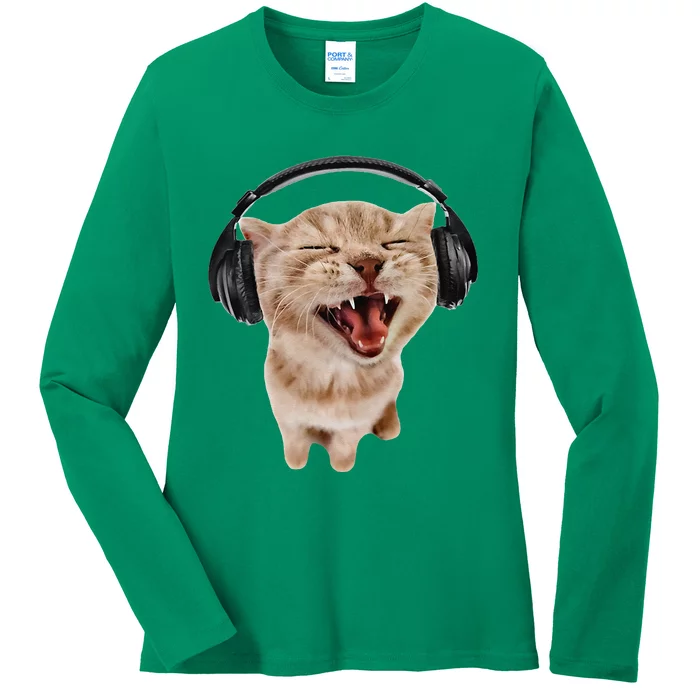 Silly Cat With Headphones Ladies Long Sleeve Shirt