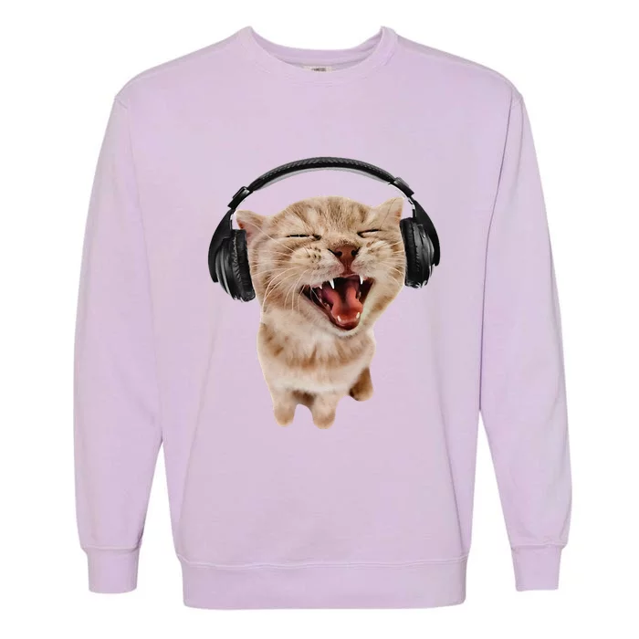 Silly Cat With Headphones Garment-Dyed Sweatshirt