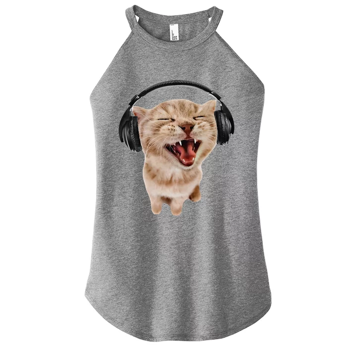 Silly Cat With Headphones Women’s Perfect Tri Rocker Tank