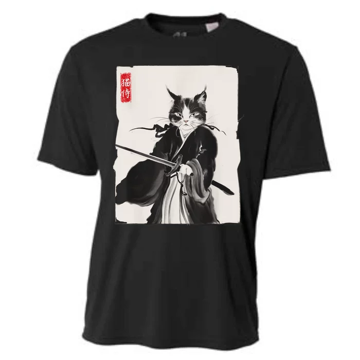 Samurai Cat Warrior Ink Art Funny Japanese Style Cooling Performance Crew T-Shirt