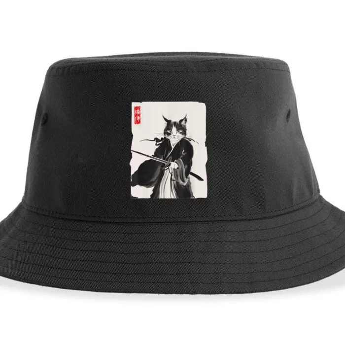 Samurai Cat Warrior Ink Art Funny Japanese Style Sustainable Bucket Hat