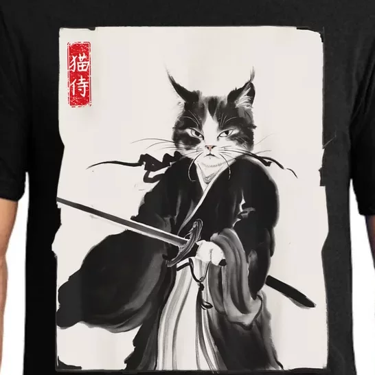 Samurai Cat Warrior Ink Art Funny Japanese Style Pajama Set