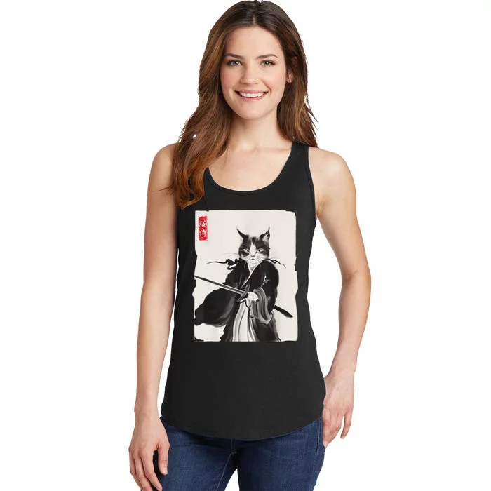 Samurai Cat Warrior Ink Art Funny Japanese Style Ladies Essential Tank