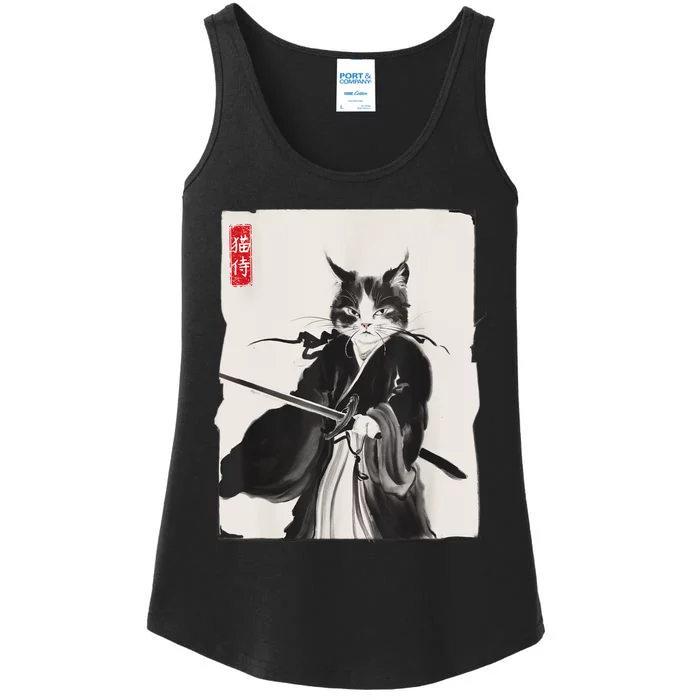 Samurai Cat Warrior Ink Art Funny Japanese Style Ladies Essential Tank