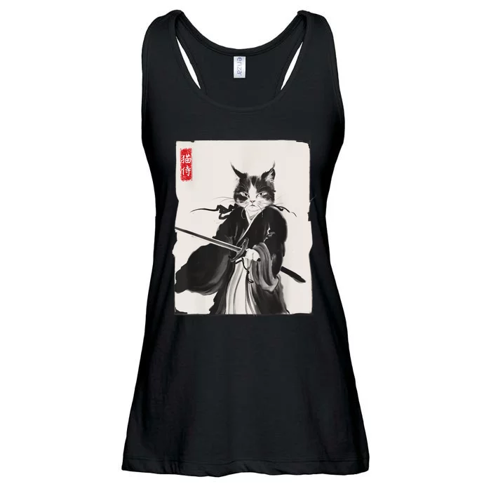 Samurai Cat Warrior Ink Art Funny Japanese Style Ladies Essential Flowy Tank