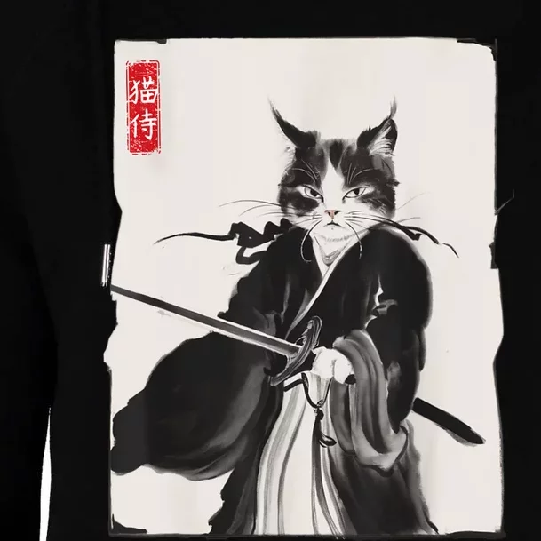 Samurai Cat Warrior Ink Art Funny Japanese Style Womens Funnel Neck Pullover Hood