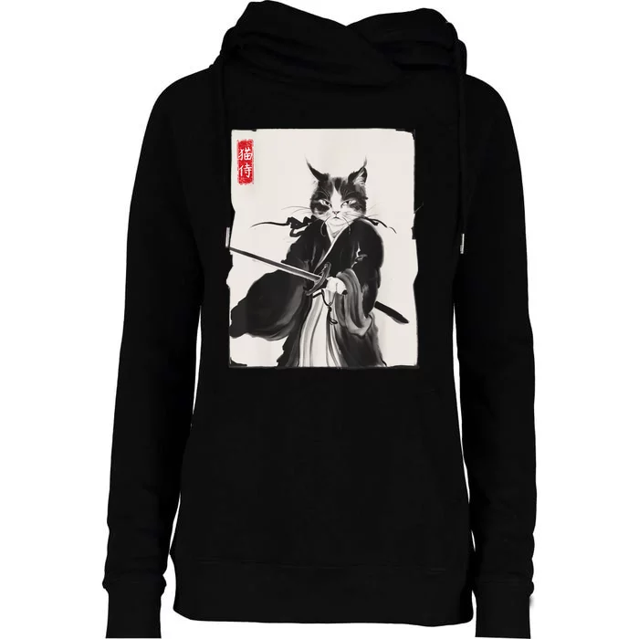 Samurai Cat Warrior Ink Art Funny Japanese Style Womens Funnel Neck Pullover Hood