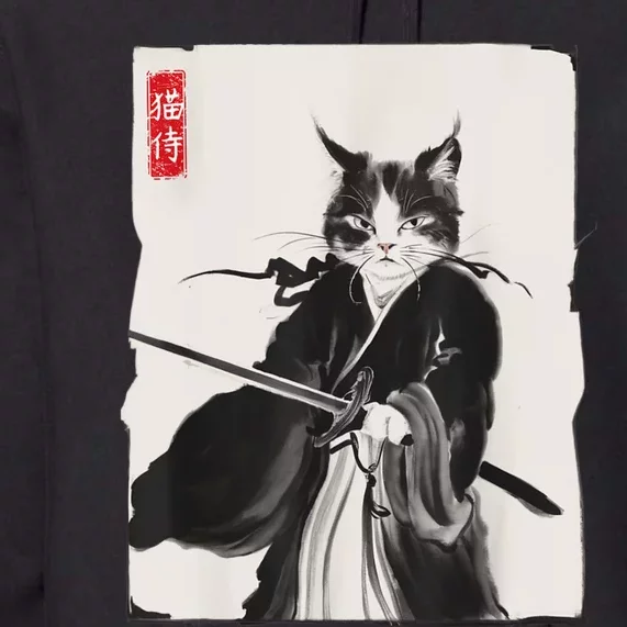 Samurai Cat Warrior Ink Art Funny Japanese Style Premium Hoodie