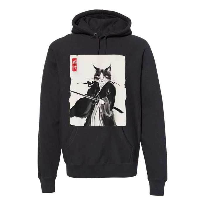 Samurai Cat Warrior Ink Art Funny Japanese Style Premium Hoodie