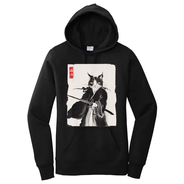 Samurai Cat Warrior Ink Art Funny Japanese Style Women's Pullover Hoodie