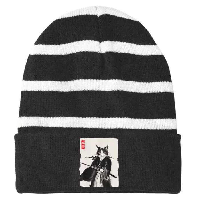 Samurai Cat Warrior Ink Art Funny Japanese Style Striped Beanie with Solid Band