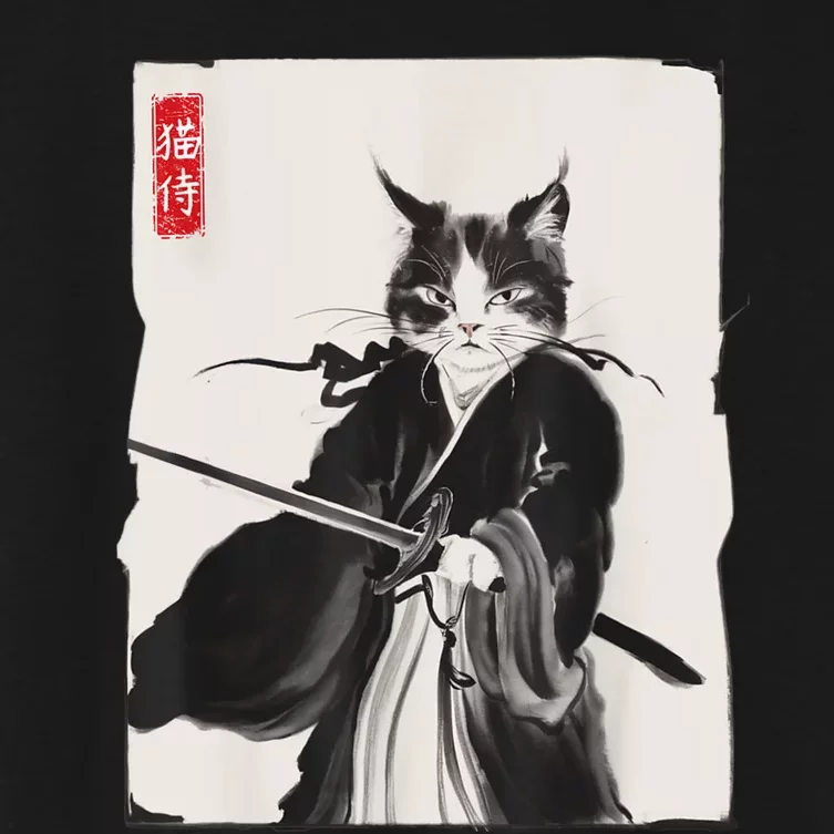 Samurai Cat Warrior Ink Art Funny Japanese Style Women's Crop Top Tee