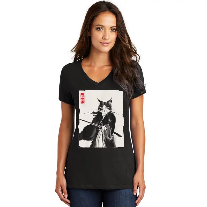 Samurai Cat Warrior Ink Art Funny Japanese Style Women's V-Neck T-Shirt