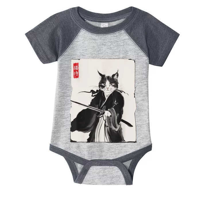 Samurai Cat Warrior Ink Art Funny Japanese Style Infant Baby Jersey Bodysuit