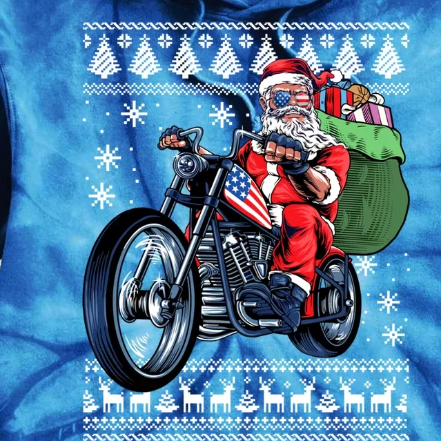 Santa Claus With Motorcycle Xmas Tree Ugly Xmas Tie Dye Hoodie