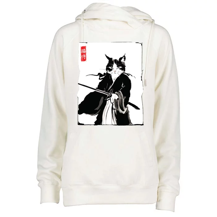 Samurai Cat Warrior Ink Art Funny Japanese Style Womens Funnel Neck Pullover Hood