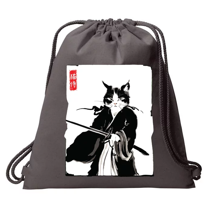 Samurai Cat Warrior Ink Art Funny Japanese Style Drawstring Bag