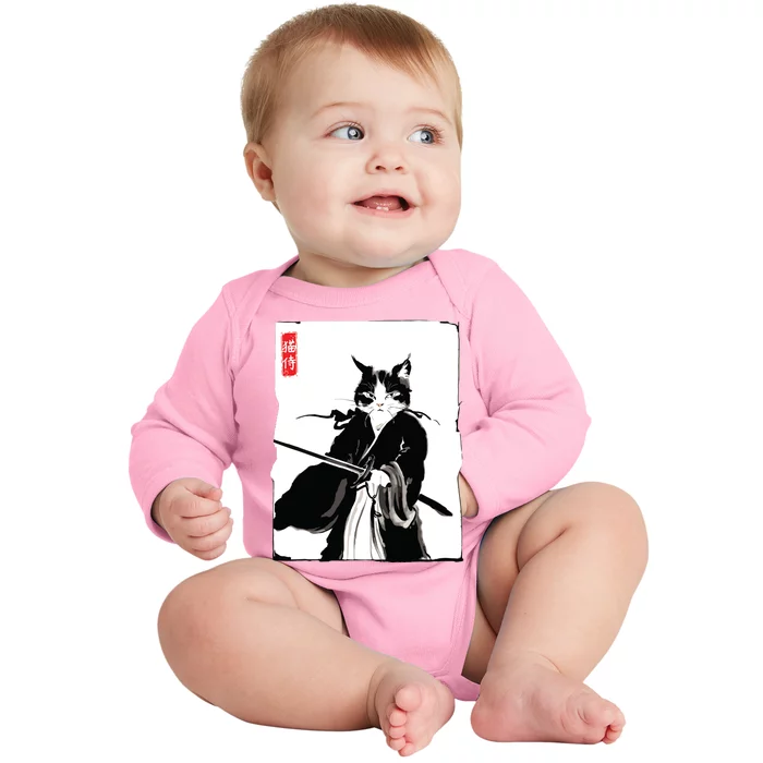 Samurai Cat Warrior Ink Art Funny Japanese Style Baby Long Sleeve Bodysuit