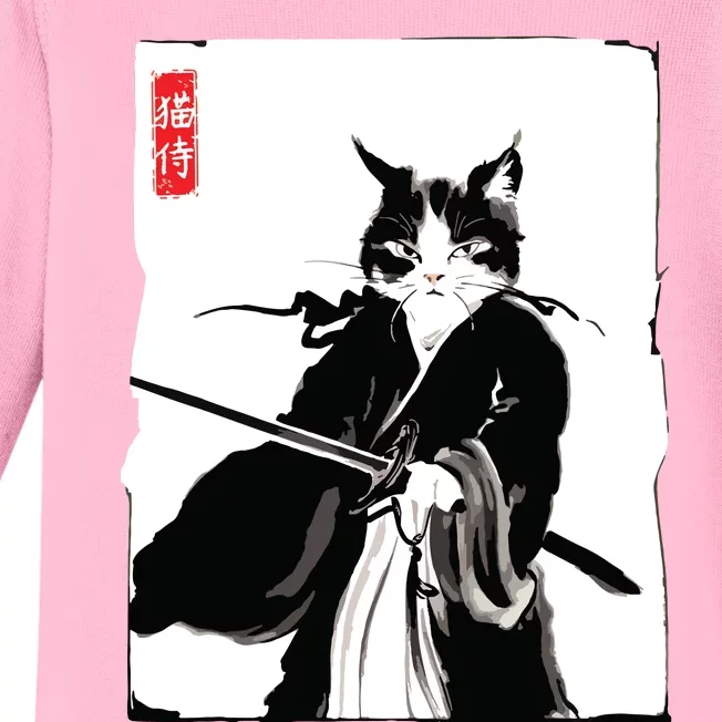 Samurai Cat Warrior Ink Art Funny Japanese Style Baby Long Sleeve Bodysuit