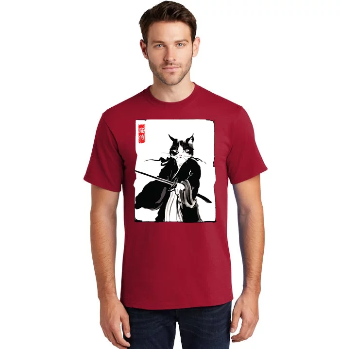 Samurai Cat Warrior Ink Art Funny Japanese Style Tall T-Shirt