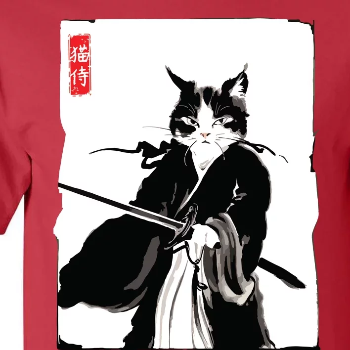 Samurai Cat Warrior Ink Art Funny Japanese Style Tall T-Shirt