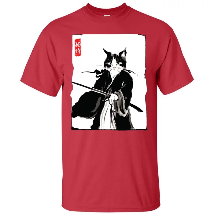 Samurai Cat Warrior Ink Art Funny Japanese Style Tall T-Shirt