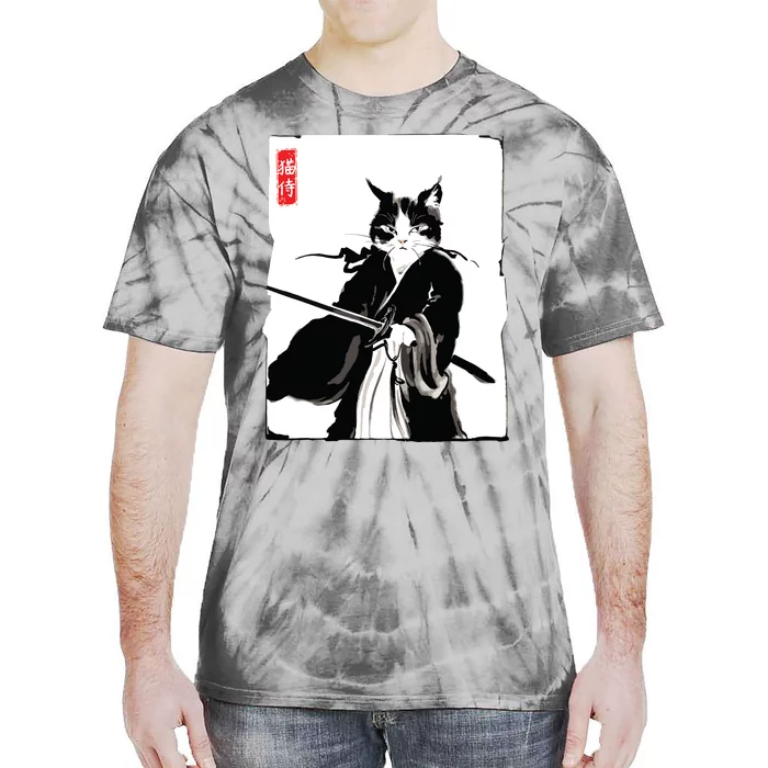 Samurai Cat Warrior Ink Art Funny Japanese Style Tie-Dye T-Shirt