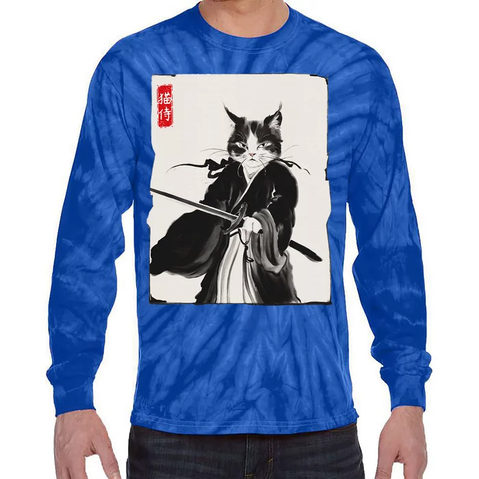 Samurai Cat Warrior Ink Art Funny Japanese Style Tie-Dye Long Sleeve Shirt