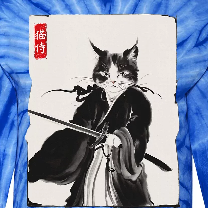 Samurai Cat Warrior Ink Art Funny Japanese Style Tie-Dye Long Sleeve Shirt