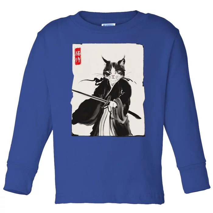 Samurai Cat Warrior Ink Art Funny Japanese Style Toddler Long Sleeve Shirt