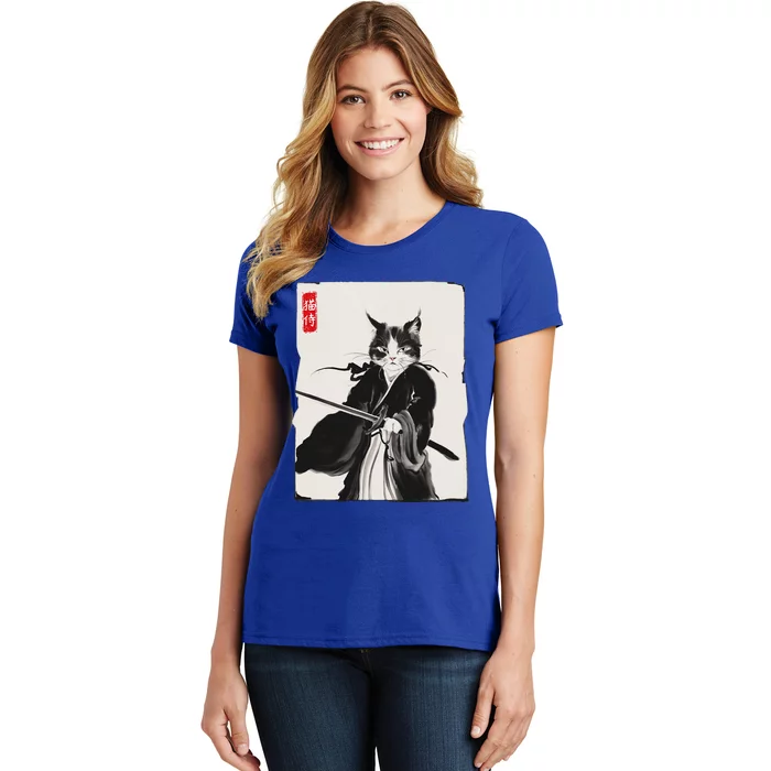 Samurai Cat Warrior Ink Art Funny Japanese Style Women's T-Shirt