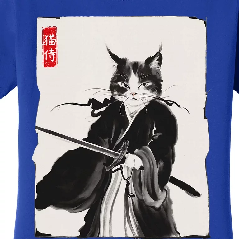 Samurai Cat Warrior Ink Art Funny Japanese Style Women's T-Shirt