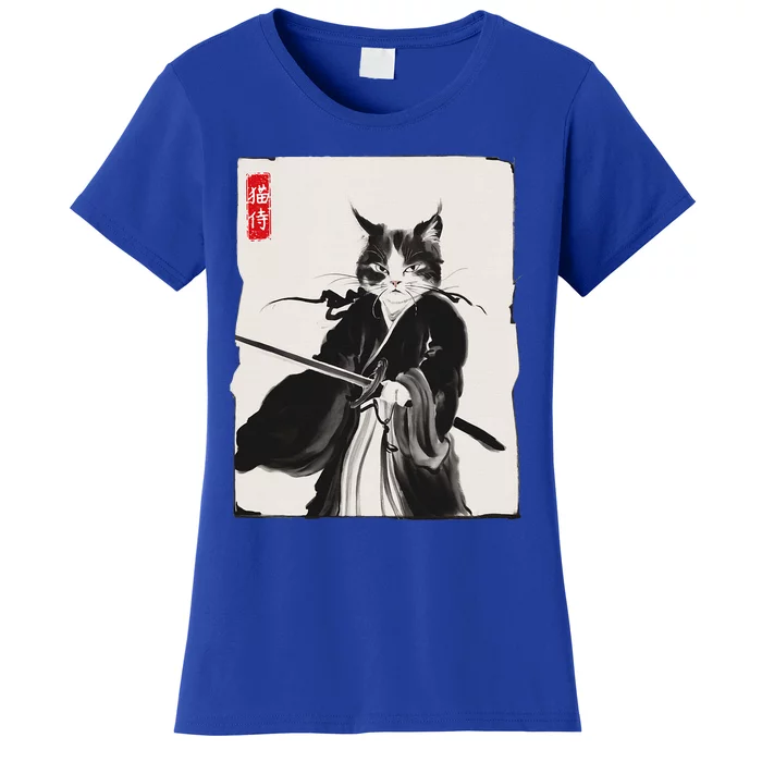 Samurai Cat Warrior Ink Art Funny Japanese Style Women's T-Shirt