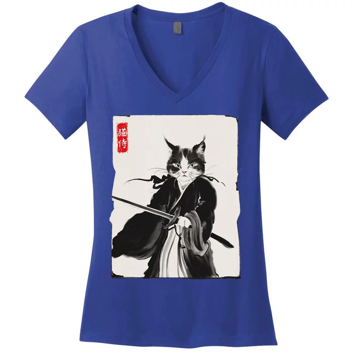 Samurai Cat Warrior Ink Art Funny Japanese Style Women's V-Neck T-Shirt