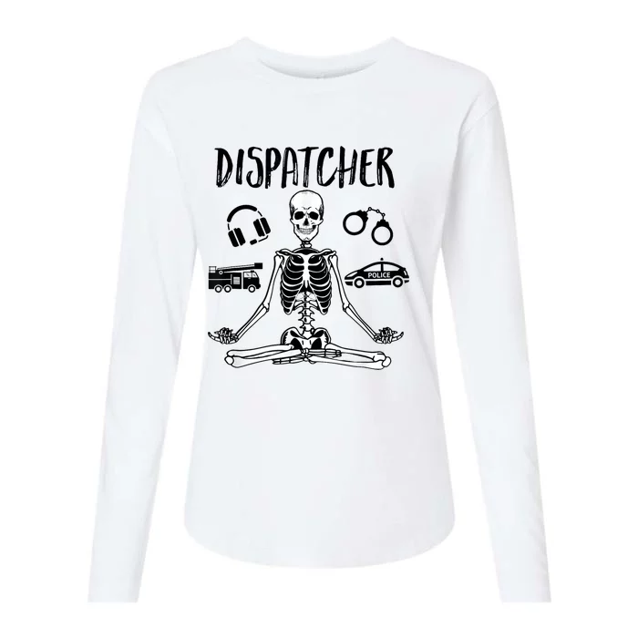 Spooky Dispatcher 911 Halloween Police Skeleton Meditating Womens Cotton Relaxed Long Sleeve T-Shirt