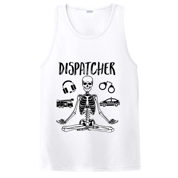 Spooky Dispatcher 911 Halloween Police Skeleton Meditating Performance Tank