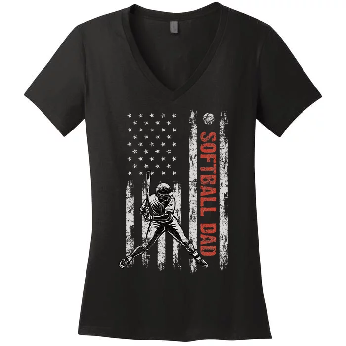 Softball Dad American Flag Father's Day 4th Of July Gift Women's V-Neck T-Shirt