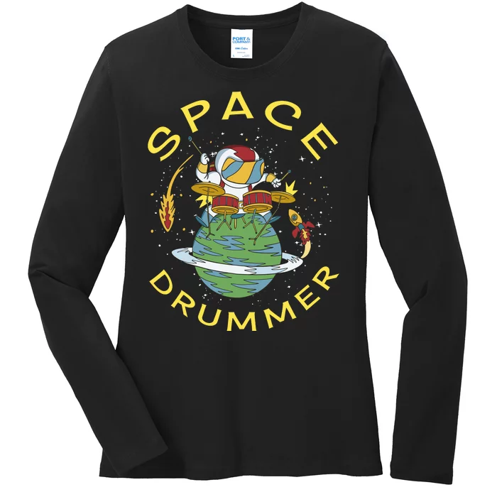 Space Drummer Astronaut Ladies Long Sleeve Shirt