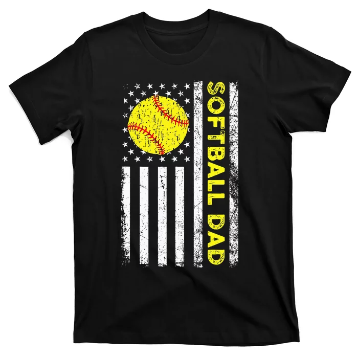 Softball Dad American Flag Fathers Day T-Shirt