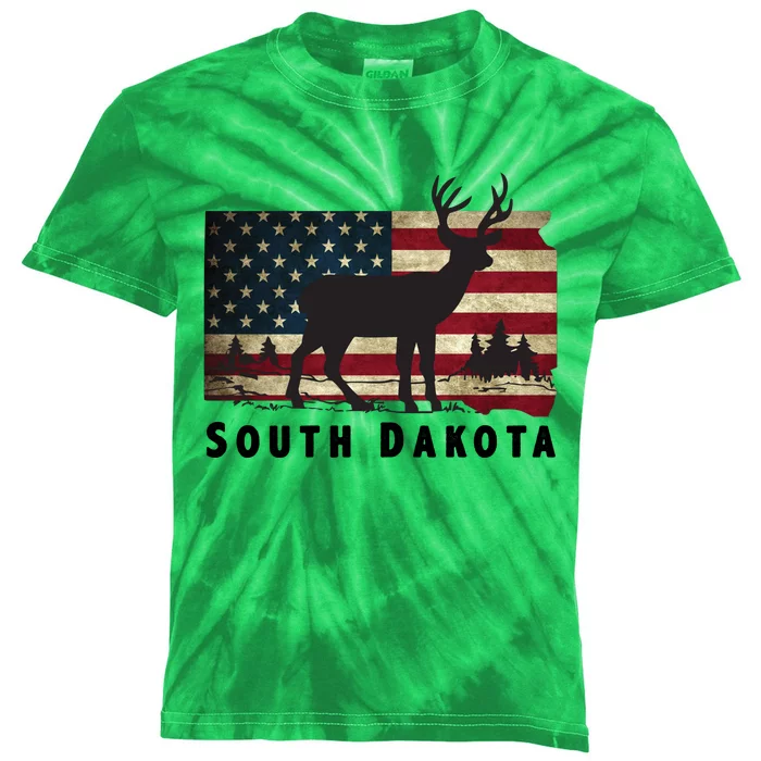 South Dakota American Flag Patriotic Deer Hunter Archer Patriot Kids Tie-Dye T-Shirt