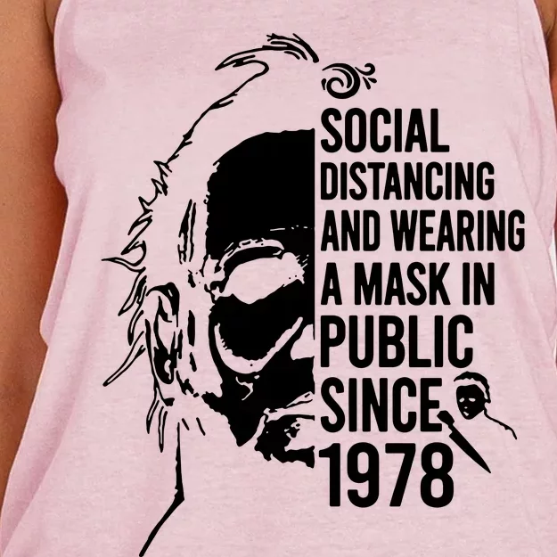 Social Distancing And Wearing A Mask In Public Since 1978 Women's Knotted Racerback Tank