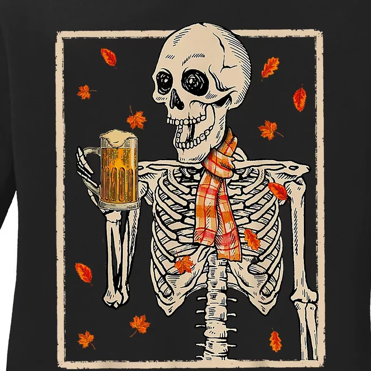 Skeleton Drinking Beer Retro Halloween Costume Beer Drink Ladies Long Sleeve Shirt