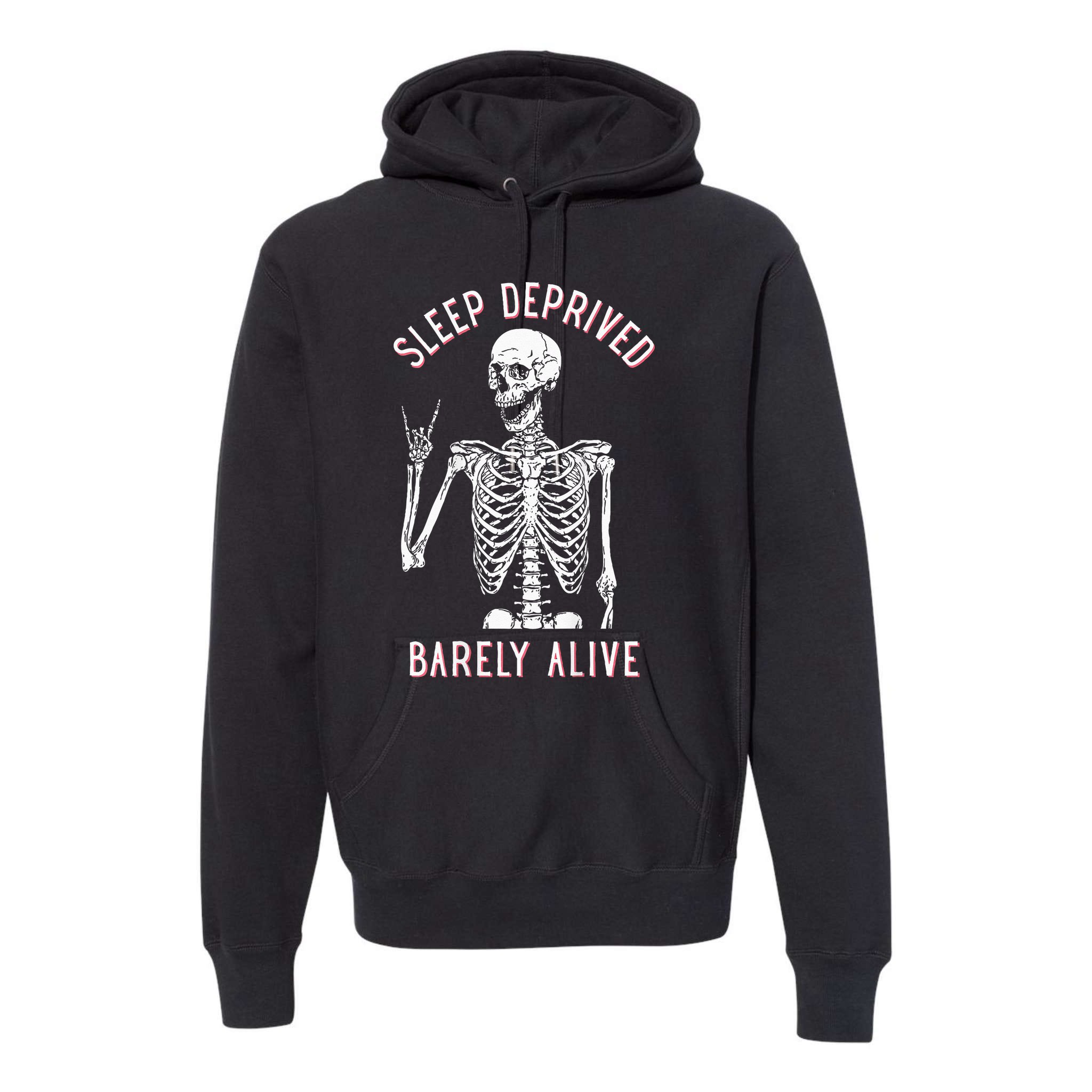 Sleep Deprived Barely Alive Funny Skeleton Halloween (Back) Premium Hoodie  | TeeShirtPalace