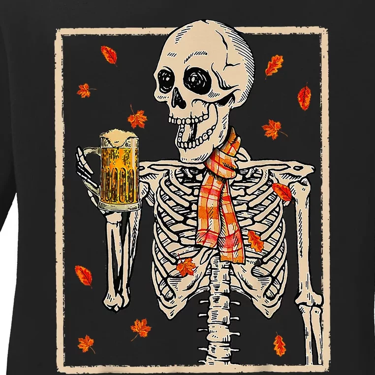 Skeleton Drinking Beer Retro Halloween Costume Beer Drink Ladies Long Sleeve Shirt