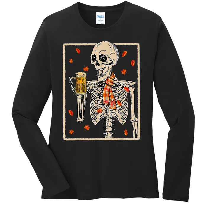 Skeleton Drinking Beer Retro Halloween Costume Beer Drink Ladies Long Sleeve Shirt