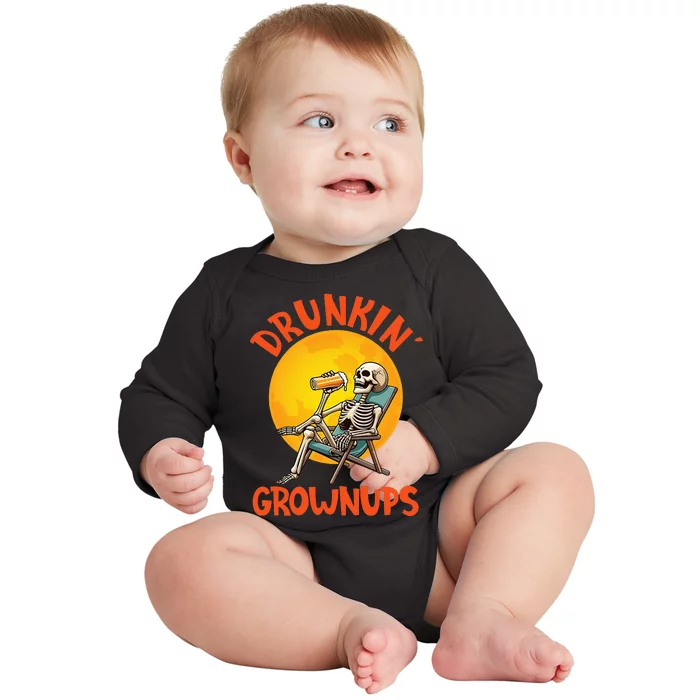 Skeleton Drinking Beer Halloween Drinker Drunkin Grownups Baby Long Sleeve Bodysuit