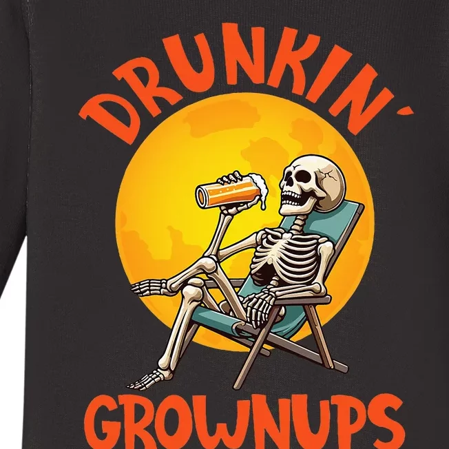 Skeleton Drinking Beer Halloween Drinker Drunkin Grownups Baby Long Sleeve Bodysuit