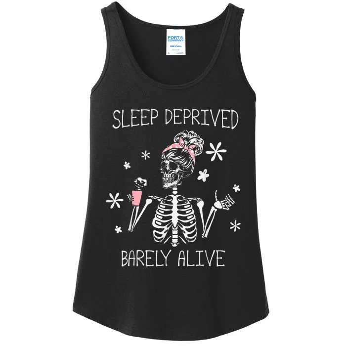 Sleep Deprived Barely Alive Skeleton Halloween Ladies Essential Tank