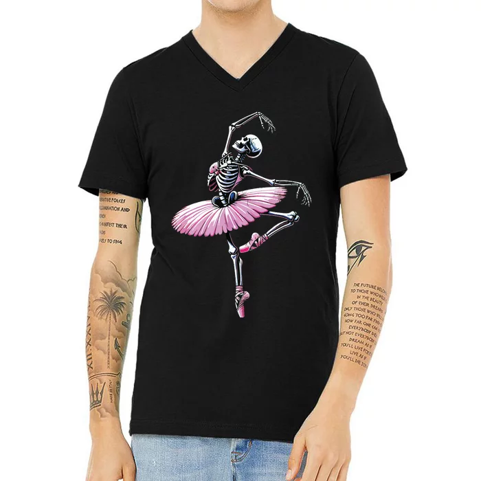 Skeleton Dancing Ballet Lovers Spooky Halloween Dancer V-Neck T-Shirt