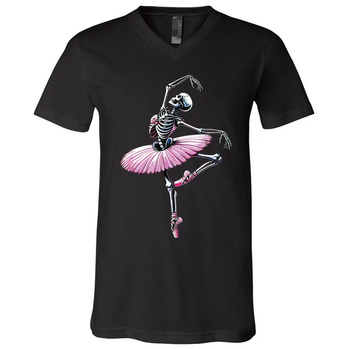 Skeleton Dancing Ballet Lovers Spooky Halloween Dancer V-Neck T-Shirt